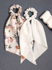 3pcs Set Satin White Solid Color Oil Painting Triangle Scarf Long Tail Hair Accessory - White - View 3
