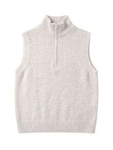 Women's Preppy Half-Zip Collared Knit Vest, Sleeveless Soft Loose Fit Pullover Vest, Casual Layering Sweater For Autumn/Winter - Apricot - View 6