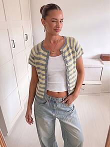Women's Vintage Striped Button-Up Short Sleeve Knit Top, Yellow Summer - Yellow - View 3