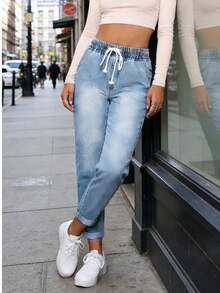 Women's Casual Contrast Color Drawstring Waist Slim Fit Versatile Jeans Fall - Light Wash - View 1