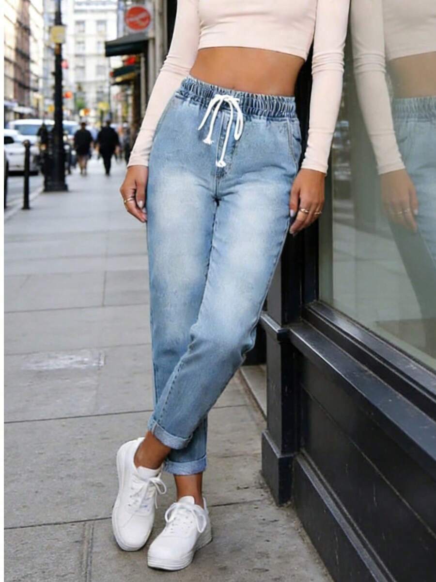 Women's Casual Contrast Color Drawstring Waist Slim Fit Versatile Jeans Fall - Light Wash - View 1