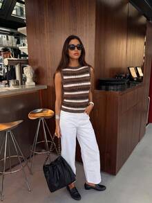 ACKCER Women's Spring/Autumn Mixed Brown & White Horizontal Striped Hollow Round Neck Fitted Sleeveless Knit Vest - Multicolor - View 5