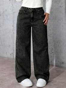 Teen Girls' Loose Versatile Bow Print Denim Wide-Leg Pants - Black - View 4