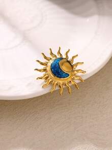 1Pc Vintage Celestial Sun Moon Lapel Brooch, Glitter Enamel & Stainless Steel Pin, Sun Pin For Suit Backpack Decor, Halloween Christmas Gift For Women - Multicolor - View 4