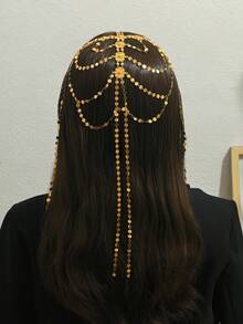 1pc Vintage Arabic Bridal Gold-Plated Multi-Layer Sequin Floral Tassel Head Chain, Women's Wedding Evening Party Costume Accessory - Golden - View 2