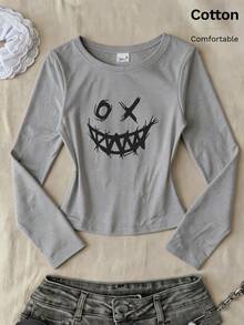 Autumn Black  Print Y2K Women's Fitted Long Sleeve Crew Neck Cotton Tee - Grey - View 2