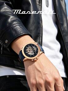 Maserati Men Automatic Watch Rose Gold Case Navy Blue Crocodile Texture Leather Band Hollow Skeleton Dial Luxury Business Wristwatch R8821119005 - WATCH - View 2