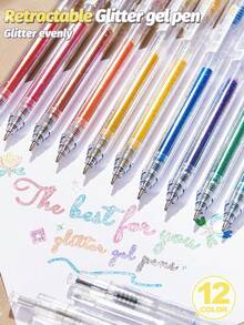 Retraktila glitterbläckpennor 12/24-delars set, 1,0 mm neutral pennspets, mjuk skrift, livfulla färger, lämpliga för dagböcker, korttillverkning, skol- och kontorsmaterial, flerfärgsset - A - Visa 5