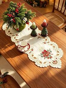 1pc Christmas Candle And Poinsettia Embroidered Table Runner, Hollow Carved Design, Vintage Christmas Table Decor, Suitable For Dinner Party, Family Gathering, Home Holiday Decoration - Beige - View 10