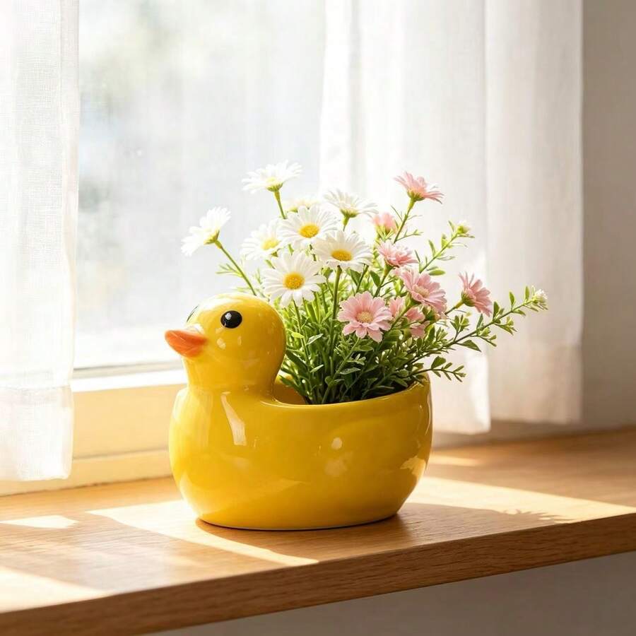 1pc Cute Duck Ceramic Succulent Planter Pot, Cartoon Little Duck Flower Pot, Small Animal Shape Plant Container For Home Desktop Decor - Multicolor - View 1