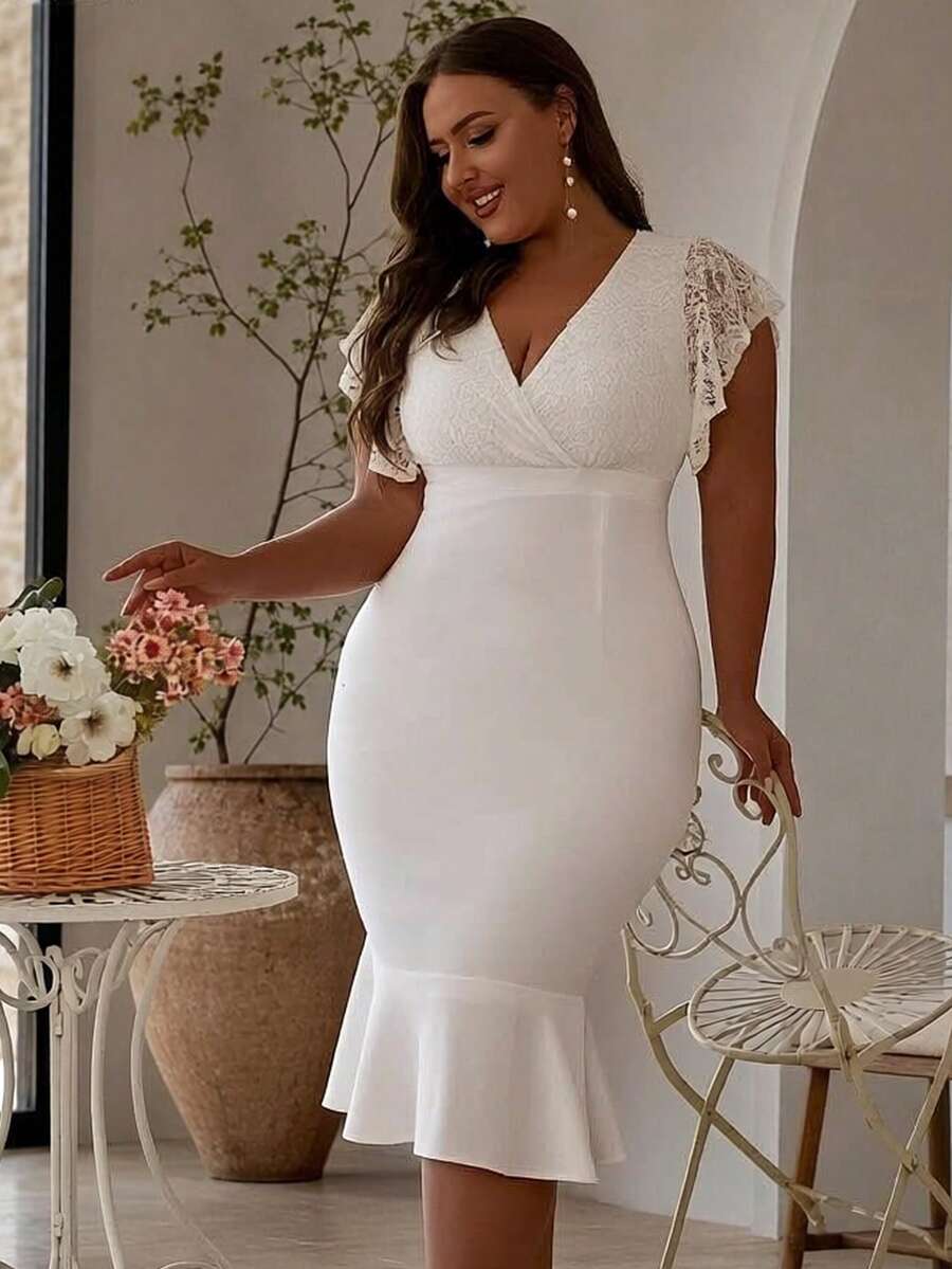 Women Plus V Neck Cocktail Party Dress For Graduation Bridal Shower Bachelorette Brunch Honeymoon Reception Rehearsal Date Night Out Semi-Formal Event - White - View 1