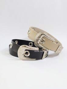 2.5CM Women's Belt With Metal Eyelets Boho Summer Gift - 黑色+米色 - 查看 1