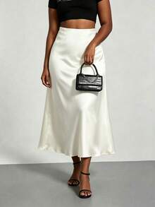 Plus Size Solid Color Satin Elegant Long Skirt For Vacation, Evening Party And Wedding White - White - View 6