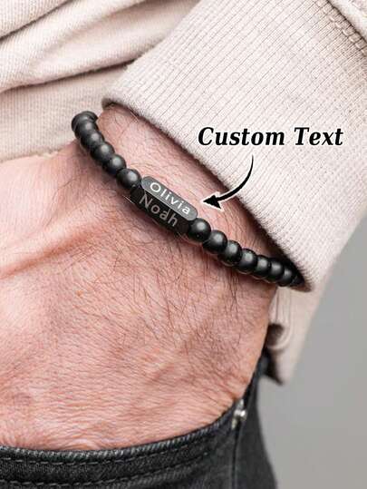 1 buah Gelang Nama Kustom Pria, Hadiah Personalisasi untuknya, Gelang Manik-Manik Nama Pria, Rantai Manik-Manik Hitam Terukir, Dirancang untuk Ayah, Suami, atau Pacar, Hadiah Keluarga Kustom, Perhiasan Personalisasi untuknya