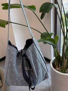 Back To School Season Ins Striped Star Pattern Large Capacity Versatile Fashion Reversible Shoulder Bag, Fresh Style Tote Bag For Class, Shopping, Commuting, Daily Outings, Street Shopping, Photo Essential, Crossbody Bag - Multicolor - View 3