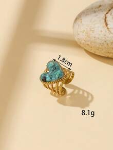 1/4pcs Set 304 Stainless Steel Inlaid Vintage Green Turquoise Crushed Stone, Pale Purple Crushed Stone, Turquoise Green Crushed Stone Open Rings, Adjustable Size, Available In Multiple Colors, Can Be Purchased Individually Or As A Set, Hollow Multi-Layer Gold Rim Heart Wide Oval Stackable Rings - Yellow Gold - View 9