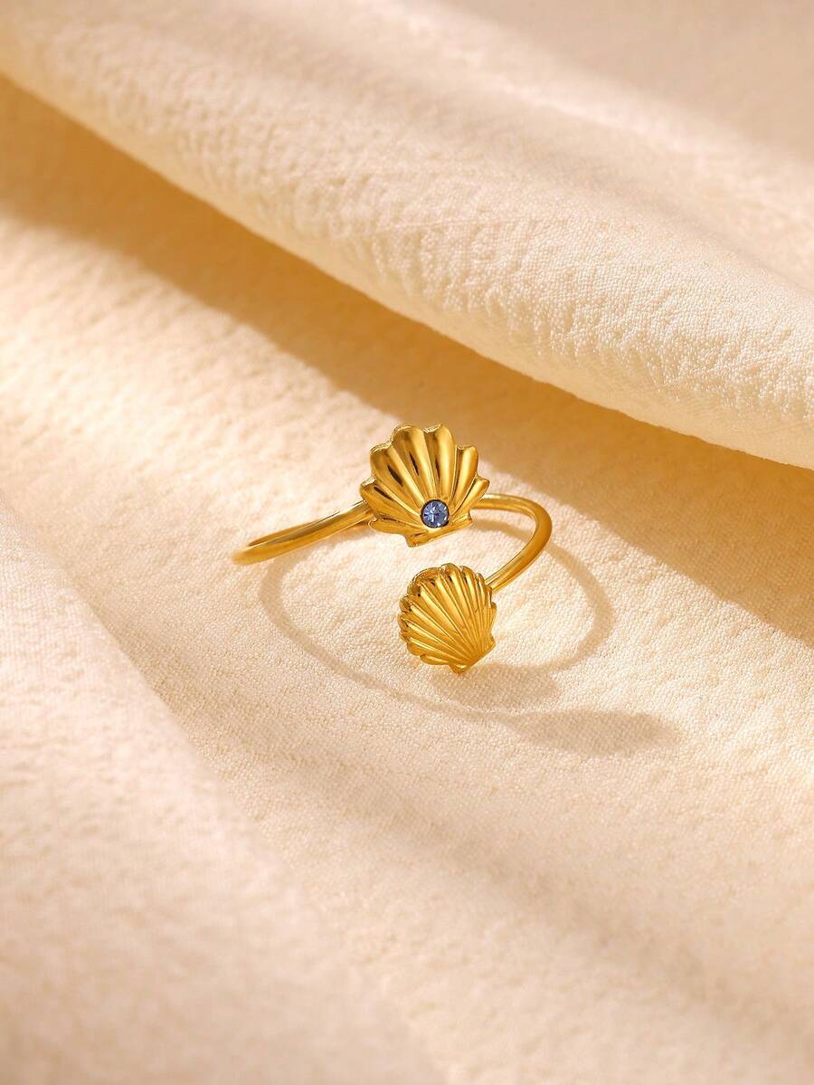 1PC Zirconia Double Shell Rings For Women Gold Color Stainless Steel Blue Crystal Shell Ring Ocean Beach Summer Fashion Jewelry Gift - Multicolor - View 1