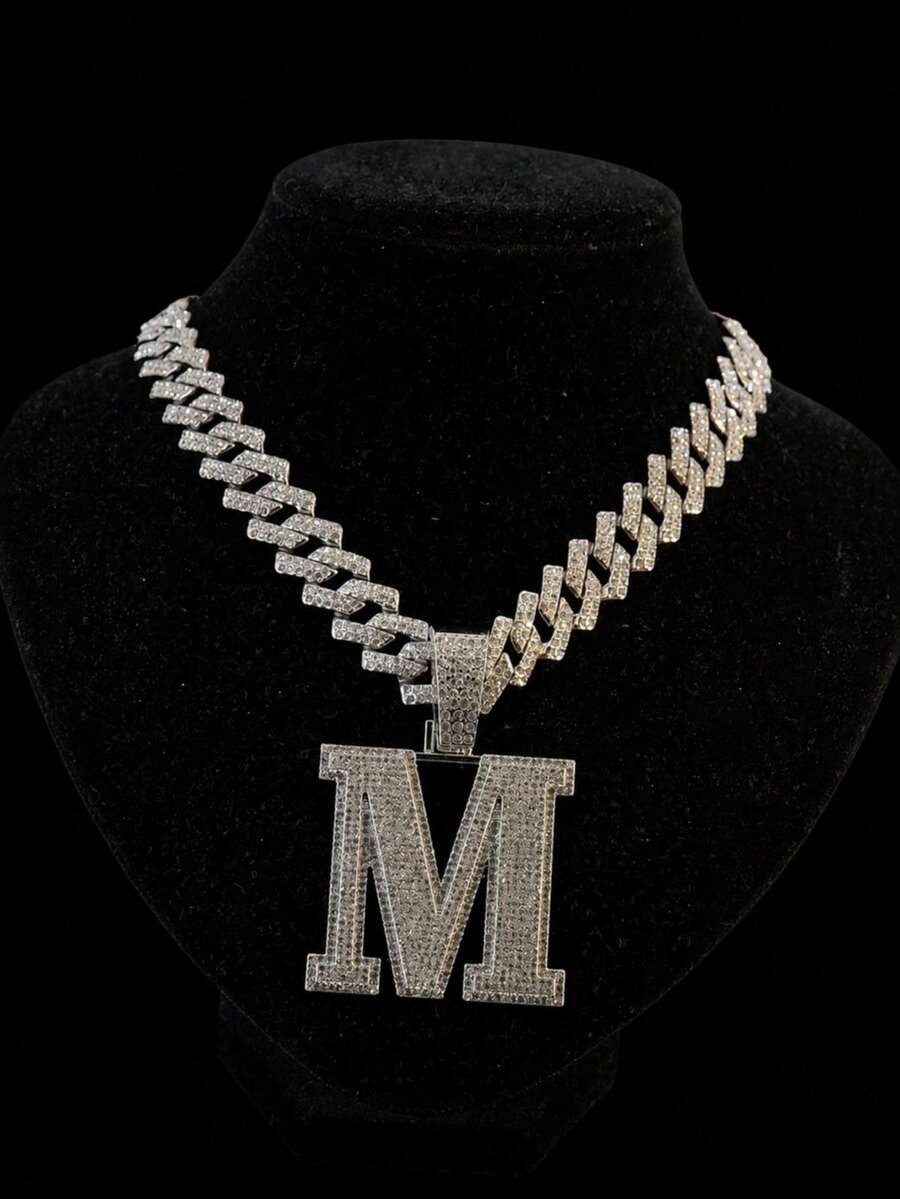 1pc Hip Hop Oversized M Letter Iced Out Pendant Necklace, Rhinestone Cuban Chain Set, Rap Style Accessory, Unisex Music Festival Party Outfit Personalized Jewelry Gift - M - View 1