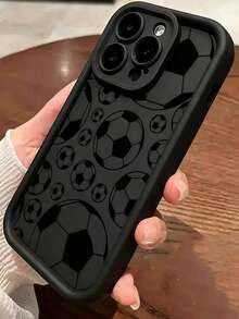 個性化卡通可愛全螢幕足球圖案手機殼，適用於 Apple 17、16 Pro Max、13、14 Pro、15 Plus、12，軟矽膠全包覆防震保護殼，適合男孩 - 黑色 - 查看 16