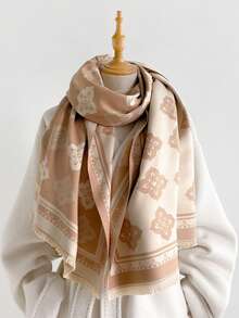 1pc Double-Sided Vintage Frame Geometric Faux Cashmere Shawl Scarf With Tassels, Old Money Style, Autumn/Winter Commute Neck Warmer, Daily Outing Matching - Brown - View 7