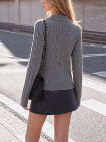 Women's Grey Cable Knit Pullover Polo Shirt, Long Sleeve Cropped Knit Top - Grey - View 2
