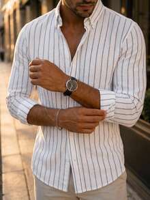 Men's Slim-Fit Striped Casual Long-Sleeve Button-Up Shirt - Soft Textured Cotton-Linen Blend Breathable Shirt For Modern Smart-Casual & Everyday Wear - White - View 3