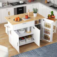 Flieks 132.5*44(70)*90cm Large Mobile Kitchen Island, Foldable Countertop, Oak Grain, Multifunctional Cabinet, Spice Rack, Towel Holder, 5 Casters, Suitable For Kitchen/Dining/Home - White - View 1