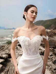 HEARBOBO 迷人白色對比蕾絲高開衩新娘婚紗禮服 秋季款 - 白色 - 查看 5