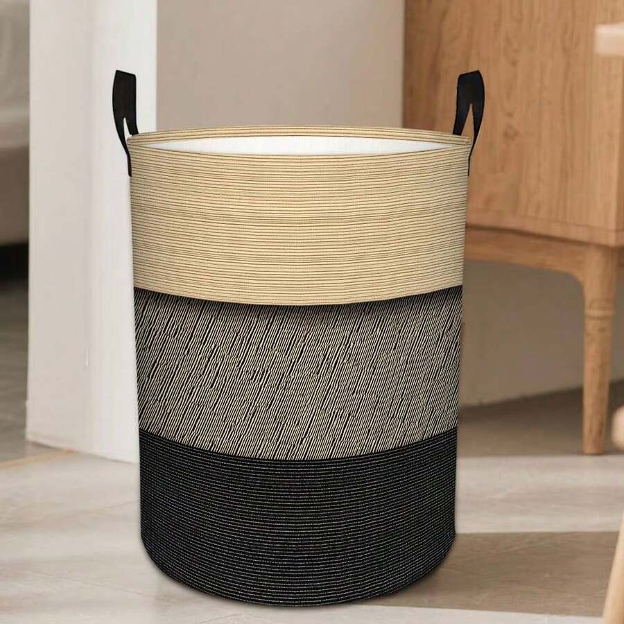 1PC Woven Laundry Basket, Large-Capacity Round Clothes Storage Basket With Handles, Colorful Striped Storage Bin, Perfect For Organizing Your Bedroom And Bathroom - Multicolor - View 1