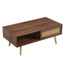 Wicker Coffee Table, Tea Table With Sliding Doors, Solid Wood Legs, Modern Living Room Table, Dark Walnut Wood-H40/W1050/D55 Cm - 棕色 - 查看 7