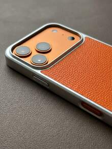 Custom Name Laser Engraved Metal Nameplate Phone Case, Compatible With IPhone 15 16 17 18 Pro Max, Silver Electroplated Frame, Large Camera Opening, Artificial Leather Litchi Texture, Full Coverage Protective Phone Case, Luxury Personalized Gift, Suitable For Women And Girls, Daily Commute, Office, Date, Party, Birthday Surprise Gift - Orange - View 7
