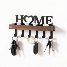 1pc Natural Wood Color Key Storage Wall Rack Metal Decorative Hook Coat Rack For Entryway Hallway - Maple - View 3