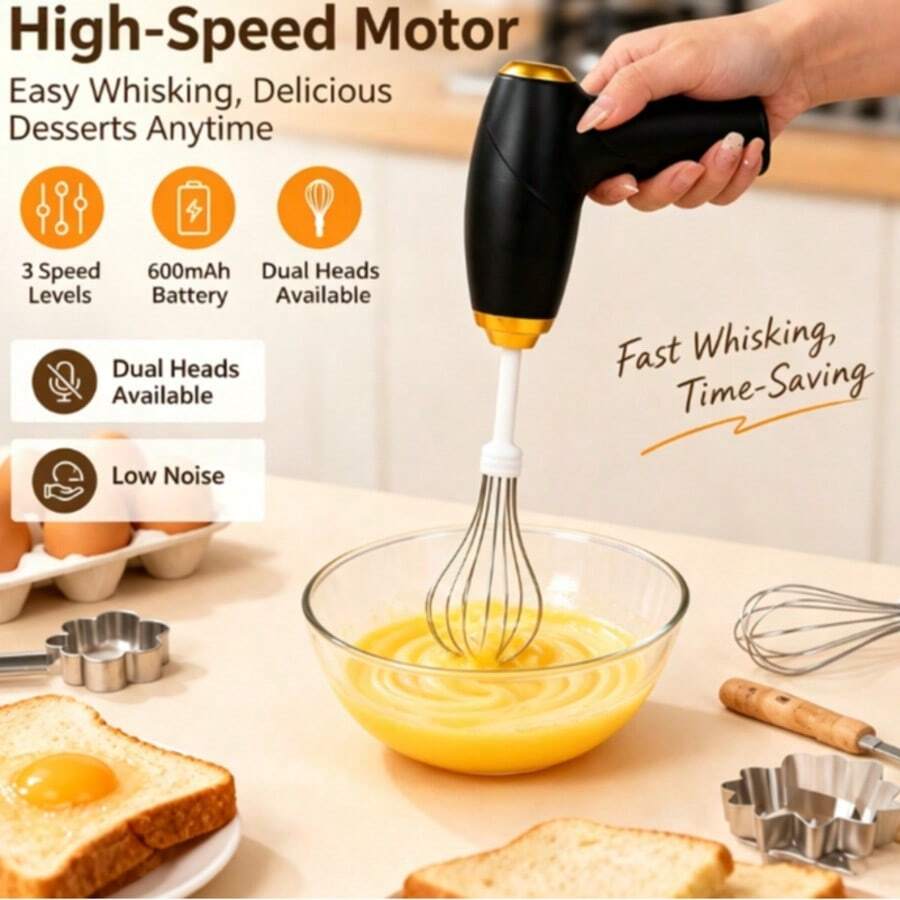 Rechargeable Wireless Handheld Mixer, 3-Speed Electric Egg Beater With Dual Interchangeable Mixing Heads, Portable Low Noise Kitchen Dessert Baking Mixer