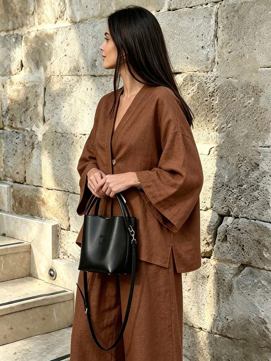Spring/Summer Brown V-Neck Waist-Cinching Wide-Leg Pants 2 Pieces Set, Minimalist Casual Vacation Daily Outfit Elegant