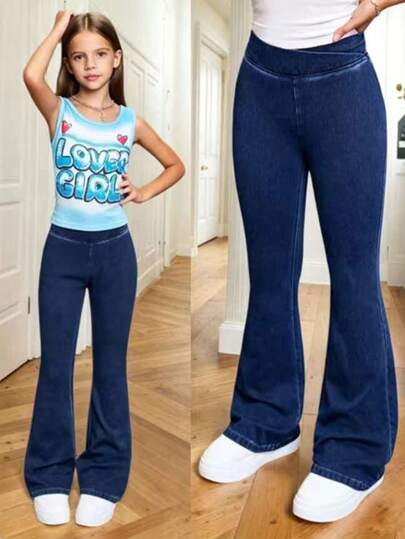 Young Girl's Casual Flared Pants, Blue, Lightweight & Breathable Non-Denim, Versatile Daily Wear (Size Runs Large)