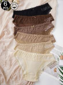 6pcs Women's Cotton Ribbed Briefs Lace Trim Low-Rise Panties With Bow Soft Comfortable Underwear - Multicolor - View 3