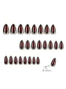 24pcs Medium-Long 3D Burgundy Gold Trim French Style Autumn/Winter Minimalist Gilded Almond Nails + 1pc Jelly Glue + 1pc Nail File - Multicolor - View 4