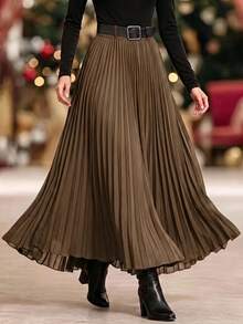 Elegant Women's Solid Color Pleated Long Skirt, Asymmetrical A-Line Design, Versatile For All Seasons, Suitable For Weddings, Office Commute, Evening Parties, Showcases Elegant Elegant And Flattering Silhouette - Coffee Brown - View 5
