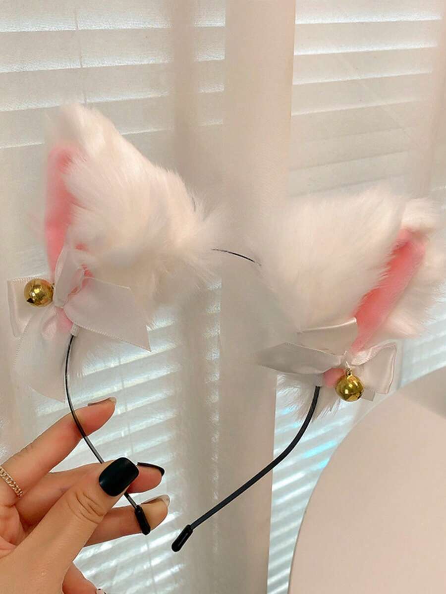 1pc Plush Cat Ear Bell Headband, Super Fairy Japanese Soft Girl Style, Adorable Rabbit Ear Face Wash Headband Hair Accessory For Photography - White Pink - View 1