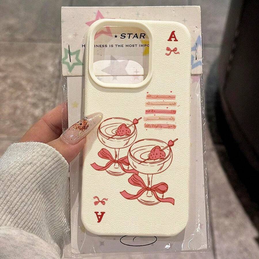 1pc TPU Material Sweet Poker Strawberry Cocktail Bow Pattern Phone Case Compatible With IPhone 17 Pro Max/17/16 Pro Max/15/13/12/11/ S20 FE/A15/S24/A55/ Note 11/Note 12/Note 13 Pro Full Coverage Anti-Drop Soft Shell Protective Cover - White - View 1