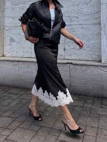 女款復古緞面純色對比蕾絲對比色優雅時尚百搭裙 - 黑與白 - 查看 5