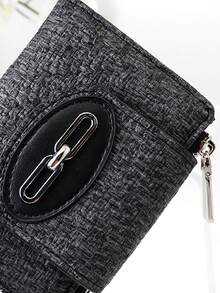 Women's Long Colorblock Patchwork Wallet, Fashionable PU Fabric & Straw Woven Multi-Function ID Card Holder, Exquisite Stylish Large Capacity Zipper Card Wallet & Coin Purse For Young Students, Lightweight And Convenient To Carry, Suitable As Holiday Gift - Black - View 2