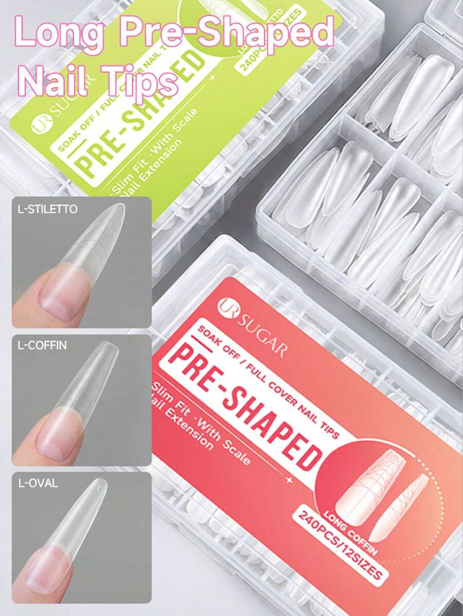 UR SUGAR 240Pcs Long Pre‑Shaped Full‑Cover False Nail Tips, 12 Sizes Acrylic Soak‑Off Nail Extension Tips, Multi‑Size Press‑On Manicure Supplies For Home DIY & Professional Salon - Clear - View 1