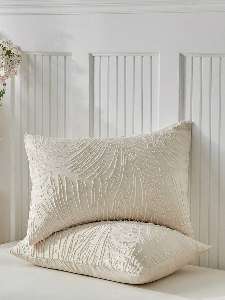2pcs Khaki Boho Style Cutout Tufted Pillowcases, Vintage Farmhouse Chic Polyester Decorative Pillow Covers Suitable For All Seasons, Decor, Machine Washable, Inserts Not Included - Khaki - View 1