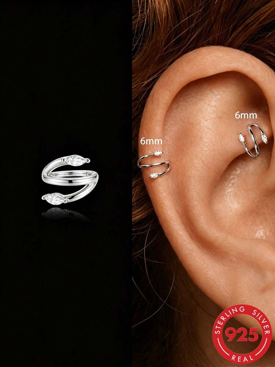 1pc 925 Sterling Silver 16G Spiral Double Hoop Earring-Elegant Piercing Jewelry-Hinged Earring Cartilage Hoop, Unisex, Suitable For Daily Wear