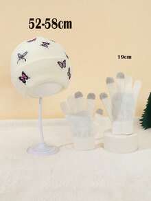 2pcs Girls White Fully Embroidered Butterfly Knit Hat + Gloves 2-Piece Set, Thickened Sweet Knit Hat, Soft White Beanie For Autumn/Winter - 2PC - View 8