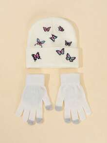 2pcs Girls White Fully Embroidered Butterfly Knit Hat + Gloves 2-Piece Set, Thickened Sweet Knit Hat, Soft White Beanie For Autumn/Winter - 2PC - View 7