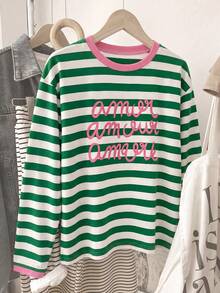 1pc Girls French Style Green & White Striped Amor Towel Embroidery Long Sleeve T-Shirt, Pink Trim Vintage Loose Slouchy Spring Autumn Inner Layer Top - Green - View 4