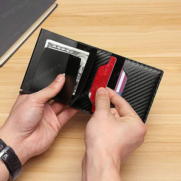Dompet Kartu Pria Kulit PU Serat Karbon, Penghalang RFID, Anti-Pencurian, Otomatis Muncul, Tempat Kartu Logam Penerbangan, Dompet Ultra Tipis dan Sederhana