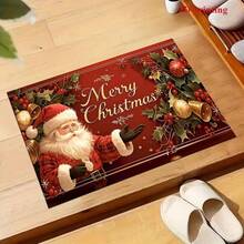 2D 1pc Santa Claus And Christmas Tree Pattern Welcome Mat - "Merry Christmas" Text, Machine Washable, Holiday Holly Berry And Gold Accent Decoration, Christmas Mat, Suitable For Doorway, Bedroom, Bathroom, Kitchen, Holiday Decor - Red - View 5